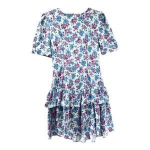 Vintage 80s 90s Mini Dress Womens Small Floral Drop Waist Ruffles Puff Sleeve